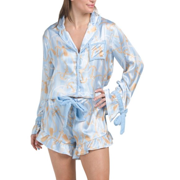 8 OAK LANE Blue 2pc Nautical Stripe Satin Pajama Top And Shorts Set
